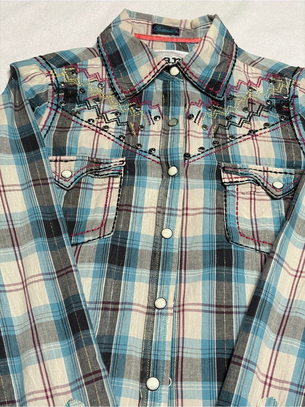 Embellished Plaid Snap-Front Western Shirt in Blue with Cream